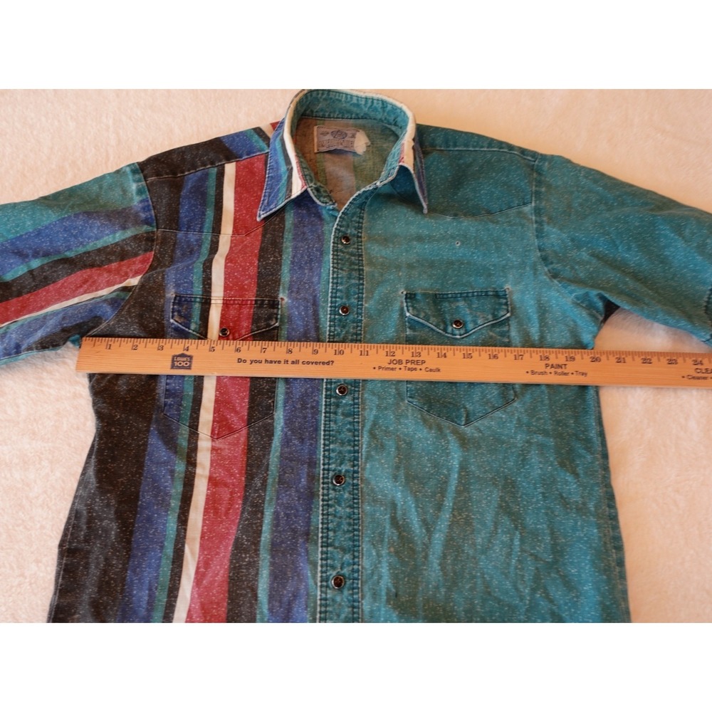 90s VINTAGE American Hero Short Sleeve Pearl Snap Shirt Medium Green Red Striped - Picture 8 of 10